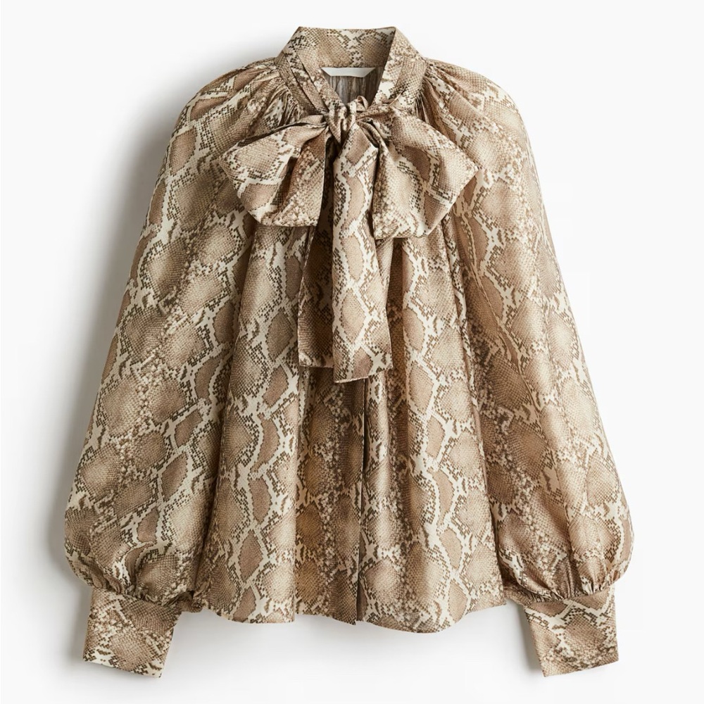 H&M Brown Snake Print Blouse with Bow Tie